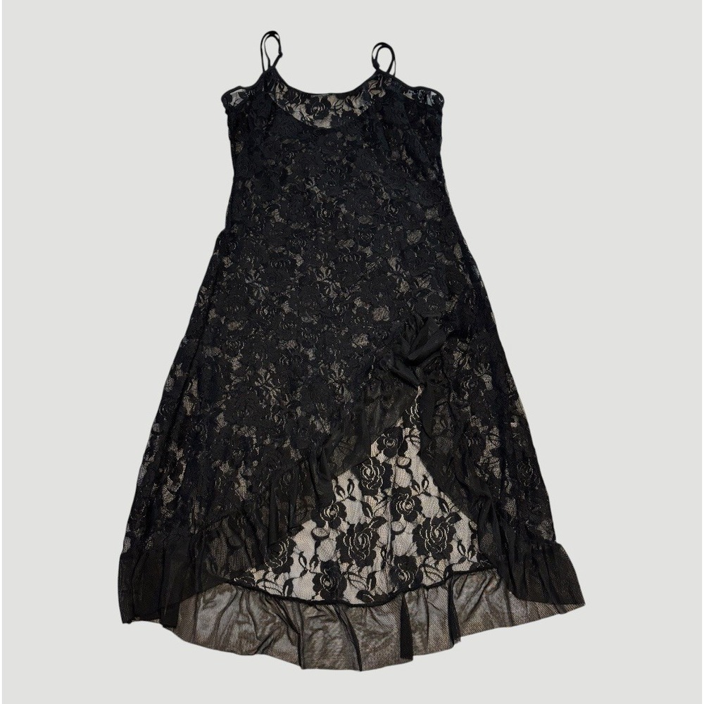 Black Sheer Floral Lace Slip Dress Asymmetrical Hem Whimsigoth Fairy Womens M